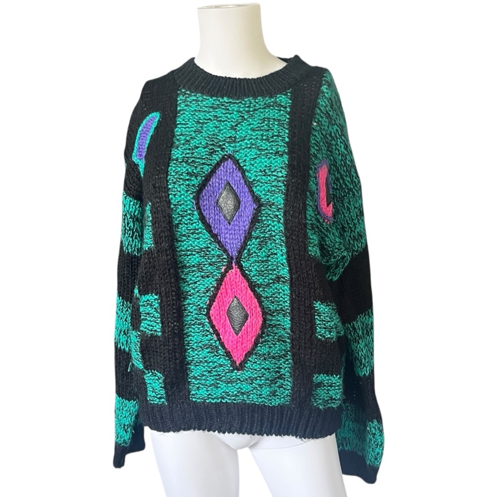 Vintage 80s Paris Sport Club Funky Knit Sweater Black Teal Size Medium M